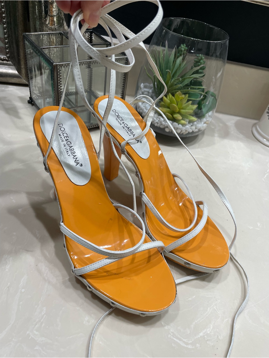 Dolce & Gabbana Orange Patent With White Strap Lace-Up Heels